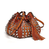 Jolyn Studded Leather Bucket Crossbody- Brown crossbody bag - Vicenzo Leather - Designer