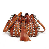 Jolyn Studded Leather Bucket Crossbody- Brown crossbody bag - Vicenzo Leather - Designer