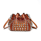 Jolyn Studded Leather Bucket Crossbody- Brown crossbody bag - Vicenzo Leather - Designer