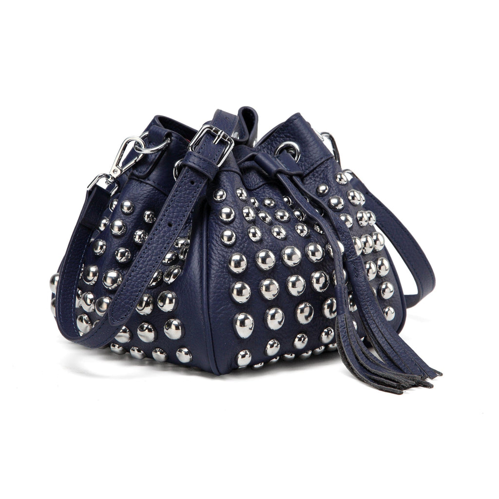 Jolyn Studded Leather Bucket Crossbody - Navy Blue crossbody bag - Vicenzo Leather - Designer