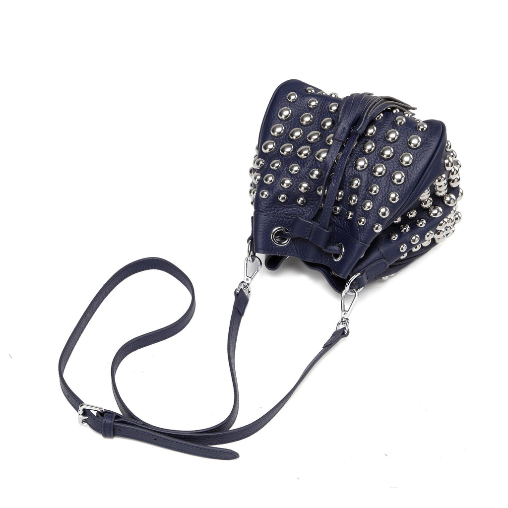 Jolyn Studded Leather Bucket Crossbody - Navy Blue crossbody bag - Vicenzo Leather - Designer
