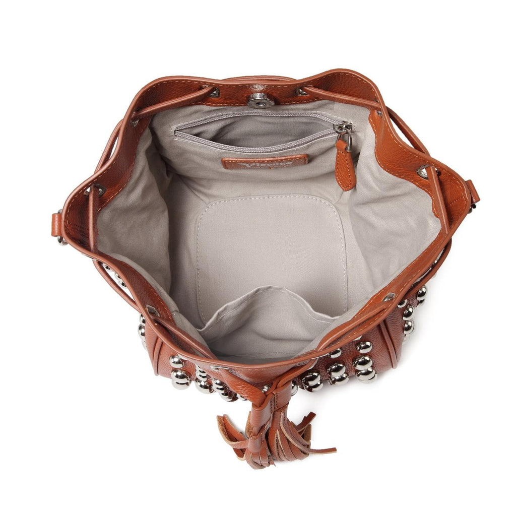 Jolyn Studded Leather Bucket Crossbody- Brown crossbody bag - Vicenzo Leather - Designer