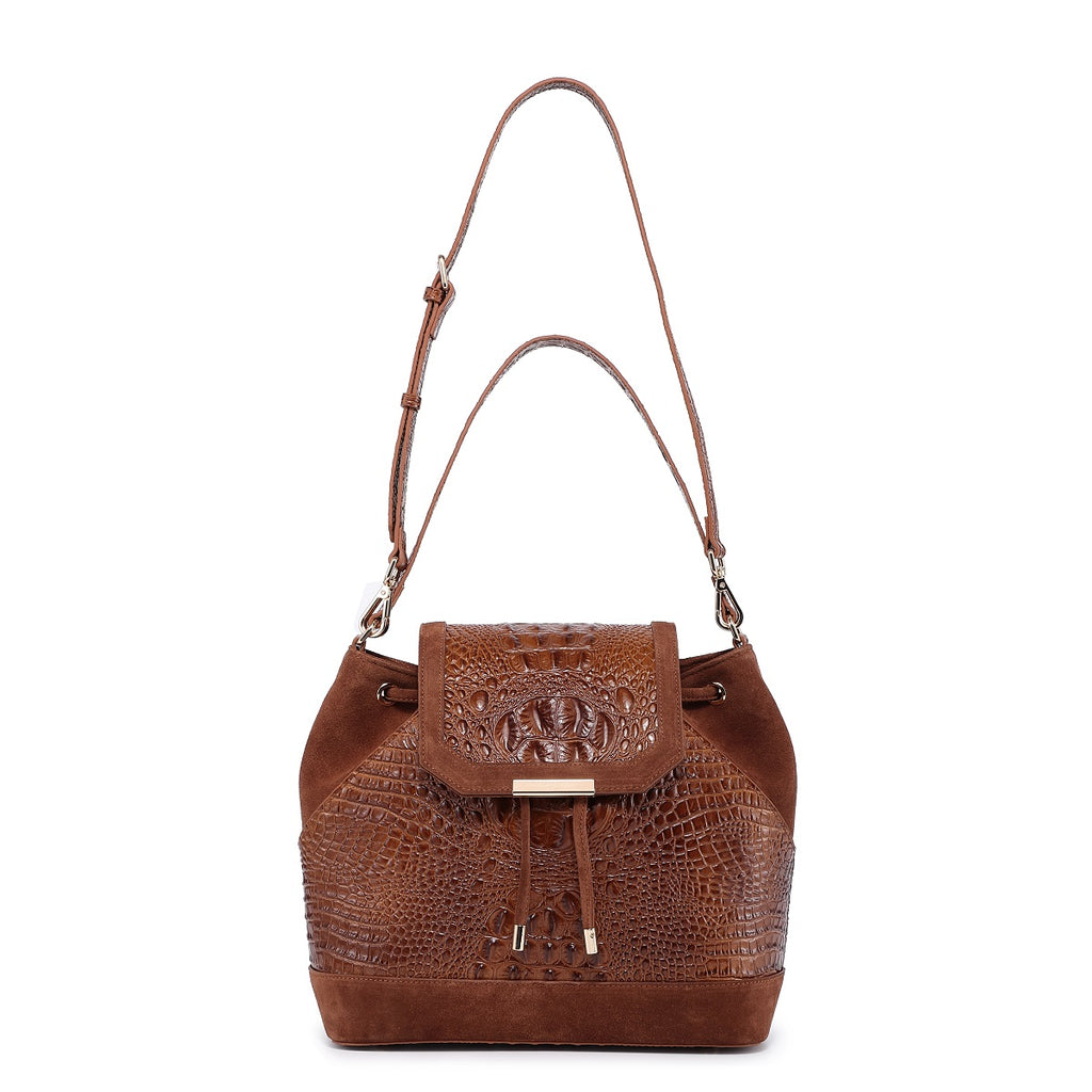 Morimi Croc-Embossed Leather  Handbag Bucket/Backpack Choco