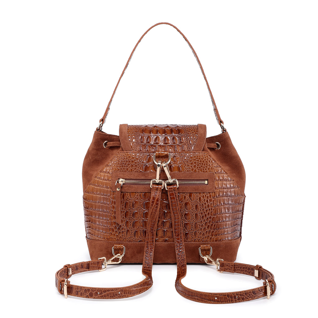 Morimi Croc-Embossed Leather  Handbag Bucket/Backpack Choco