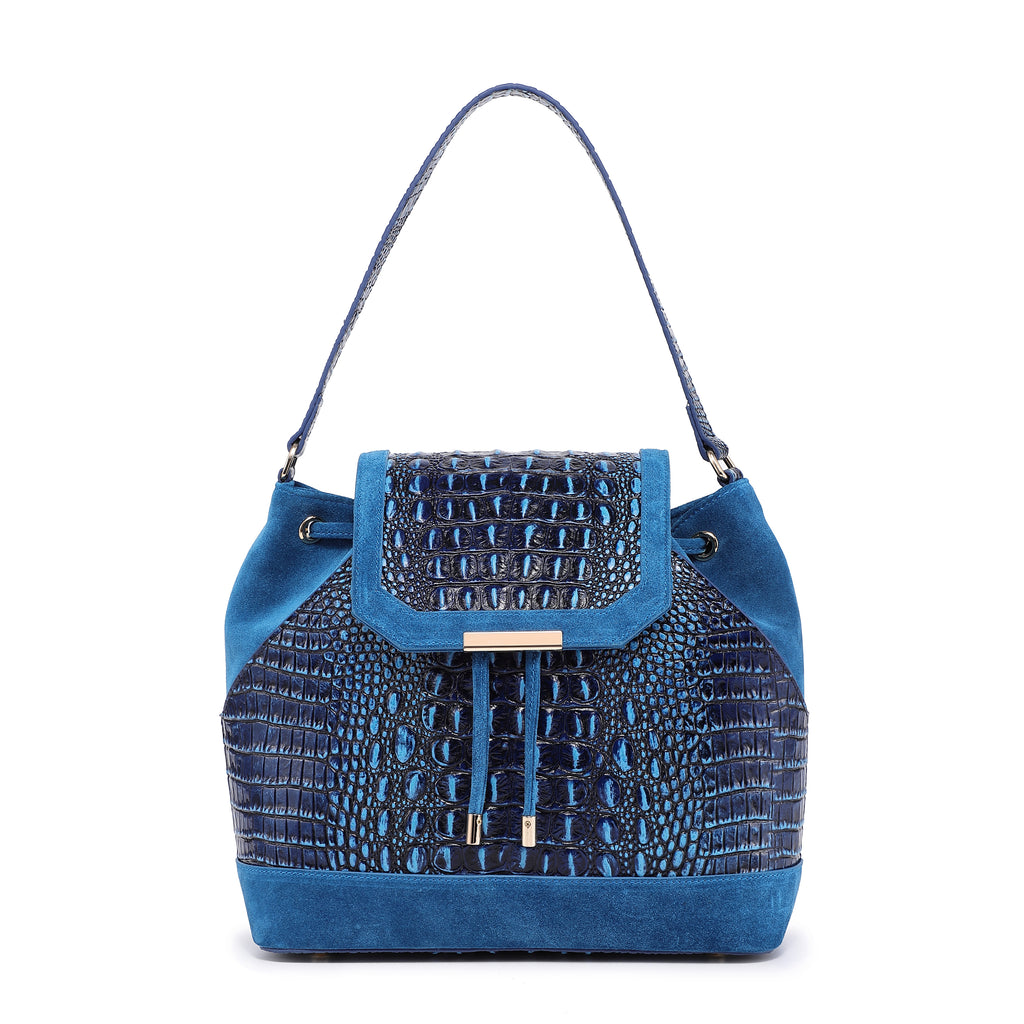 Morimi Croc Embossed Leather Handbag Bucket Backpack Blue Vicenzo Leather