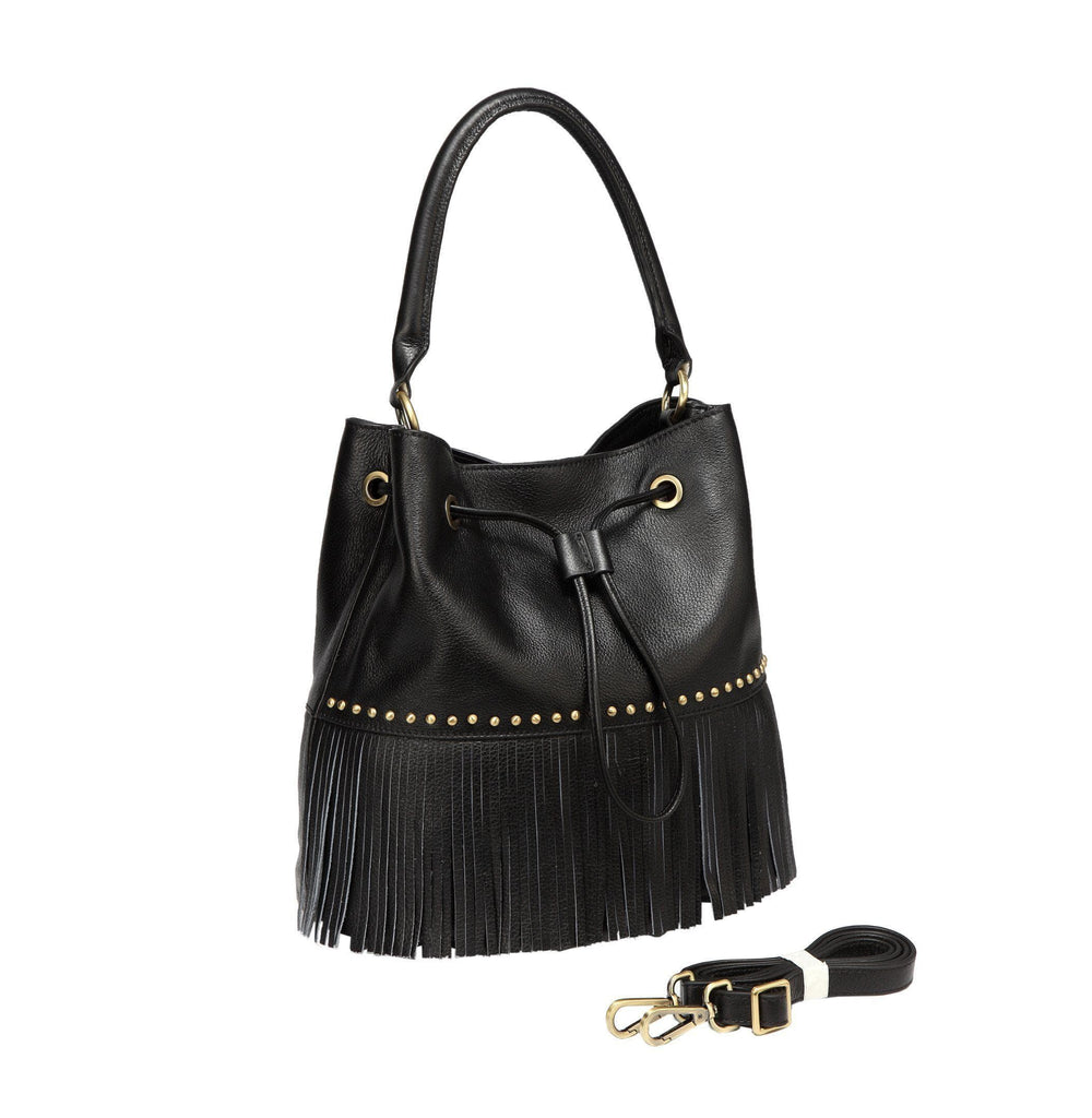 Zurie Leather Fringe Bucket Bag Handbags - Vicenzo Leather - Designer