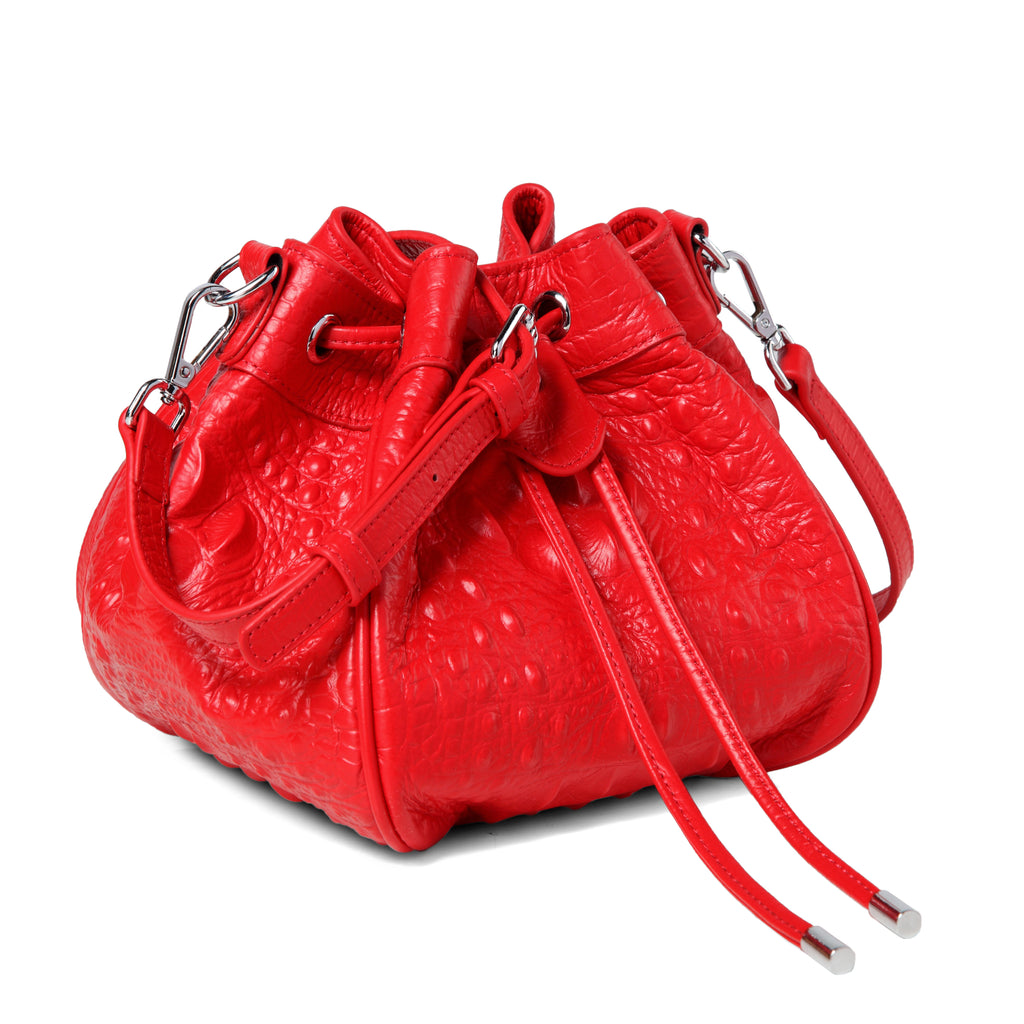 Jolyn Embossed Leather Bucket Crossbody- RED