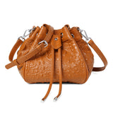 Jolyn Embossed Leather Bucket Crossbody- Brown