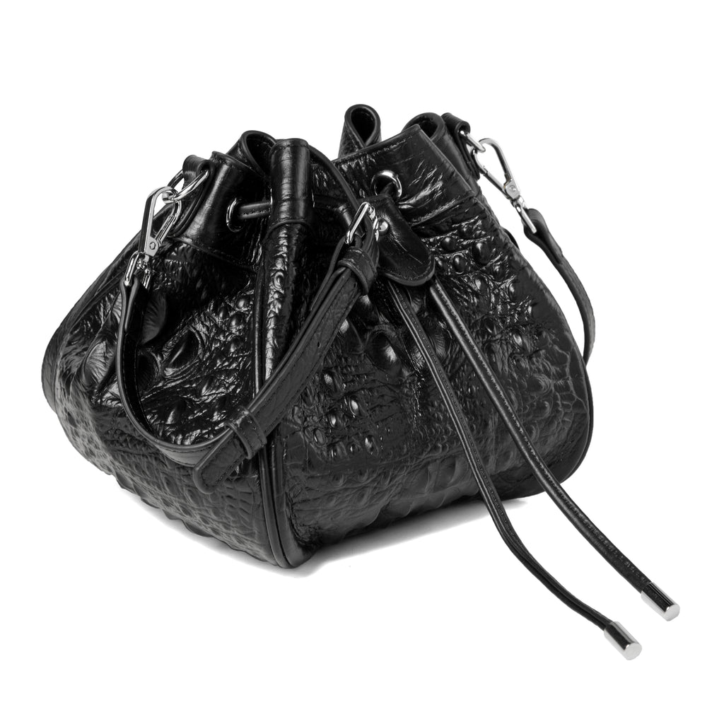 Jolyn Embossed Leather Bucket Crossbody- BLACK
